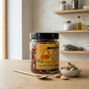 Jamón bellota 100% ibérico ecológico loncheado a mano y envasado al vacío en tarro de vidrio. Peso neto, 80g